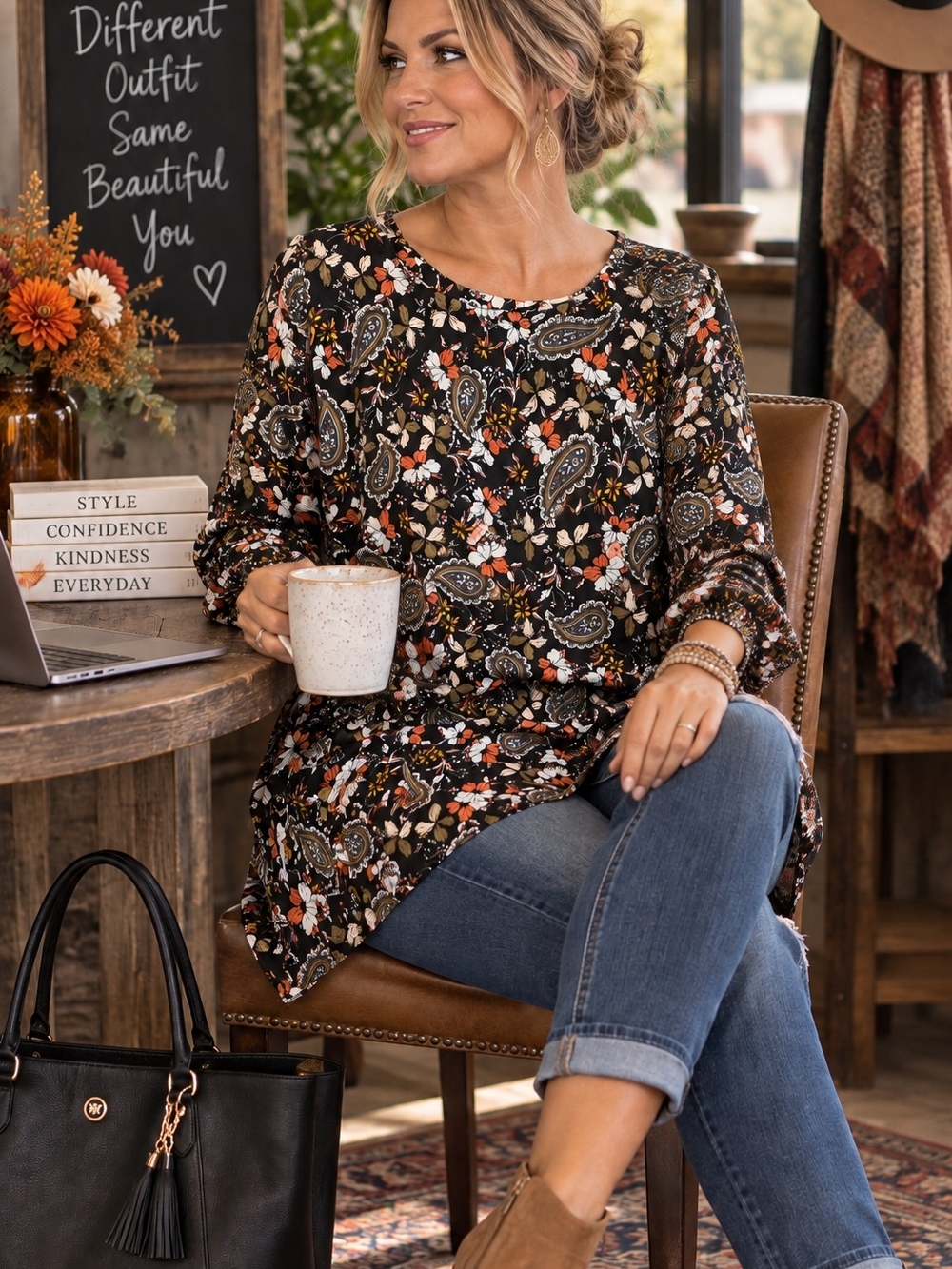 Philosophy Women’s 3X Black Floral Paisley Long Sleeve Tunic Top NWT